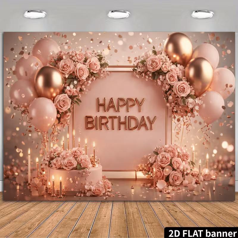 2D Elegant Rose Gold Birthday Backdrop Banner Blush Pink Floral Happy Birthday Party Decor Background