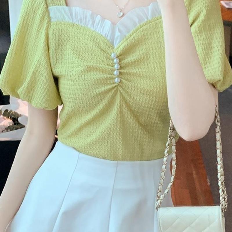WTEMPO Brand Summer Women's Bubble Sleeve Square Collar Collar Shirt Slim High-waisted Short Top Pearl Decorated V-neck Short Sleeve Shirts