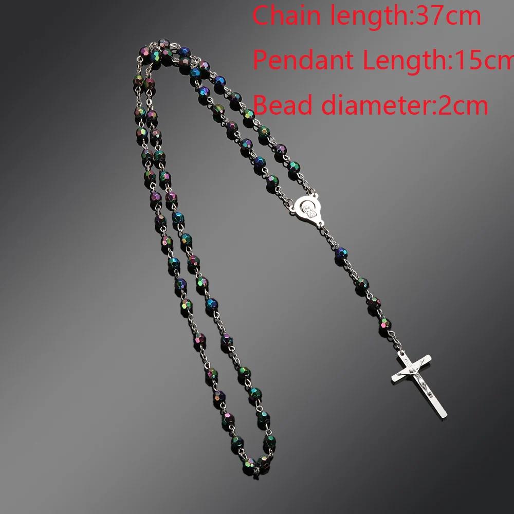 New Fashion Handmade Round Glass Bead Catholic Rosary Quality Bead Cross Necklace Beads Cross Religious Pendants Necklace