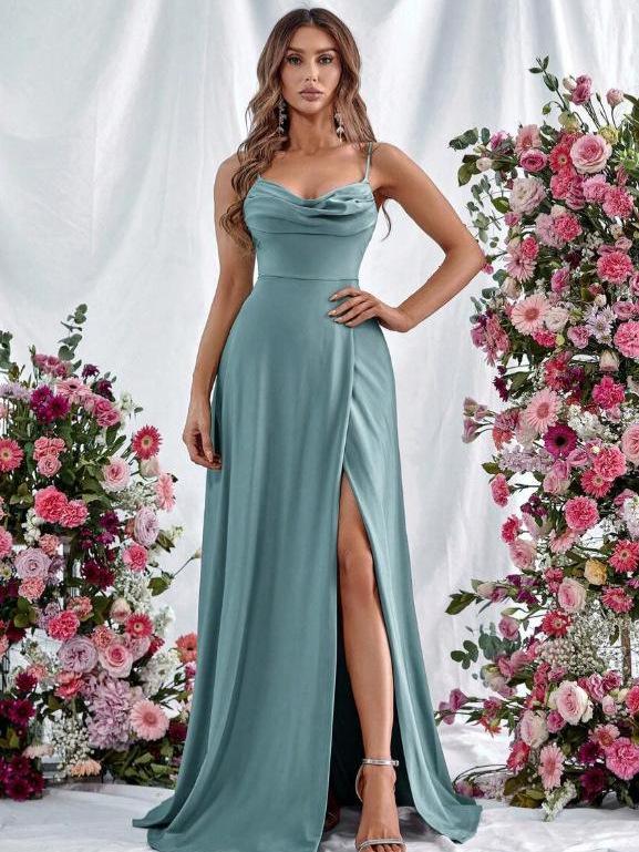 European Spring 2026 Strappy Off-Shoulder Sleeveless Slit Solid Color Elegant Women's Dress