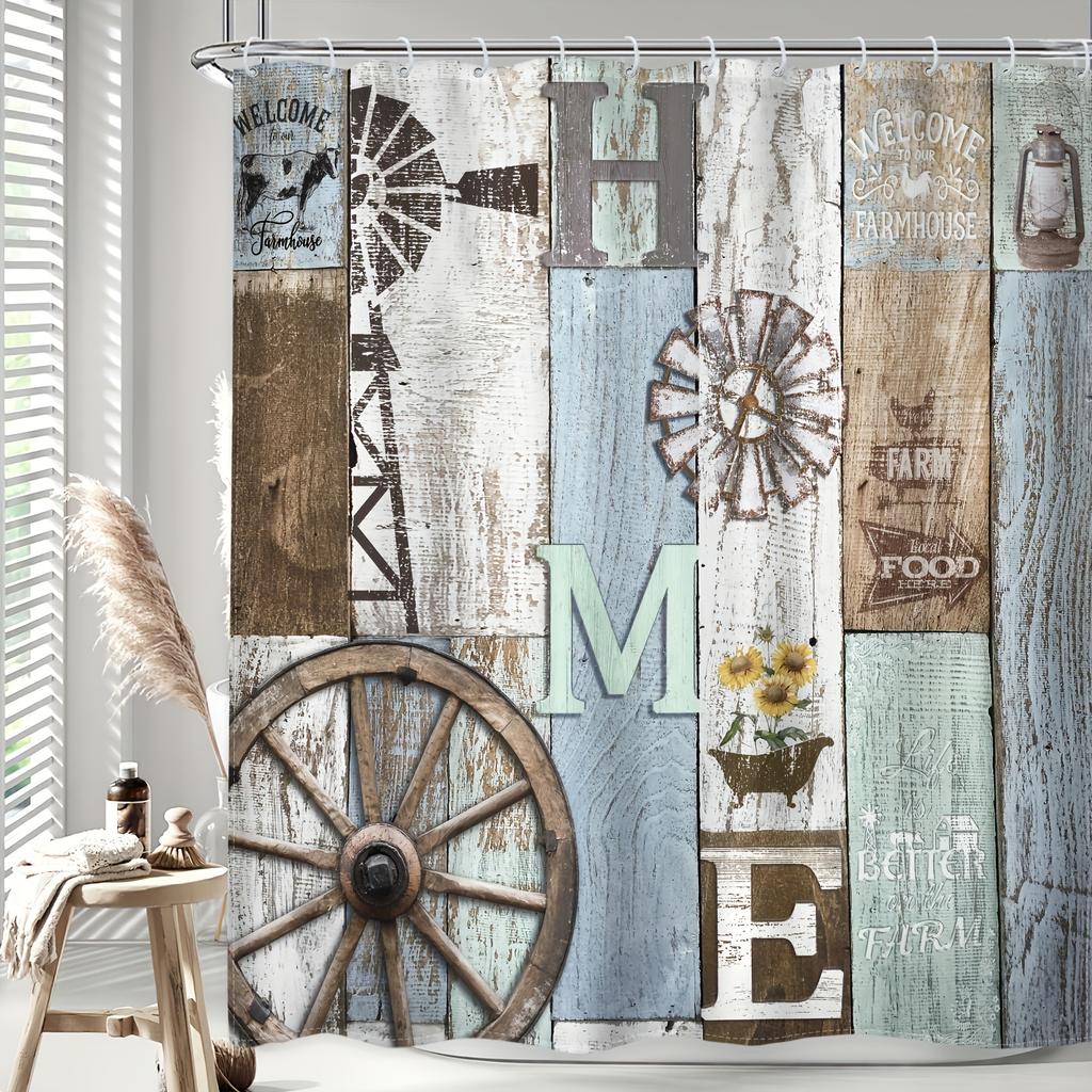 1pc Rustic Wooden Shower Curtain - Vintage Western Farmhouse, Barn Door & Wheel Design, Shabby Chic Sunflower, Bathroom Decor