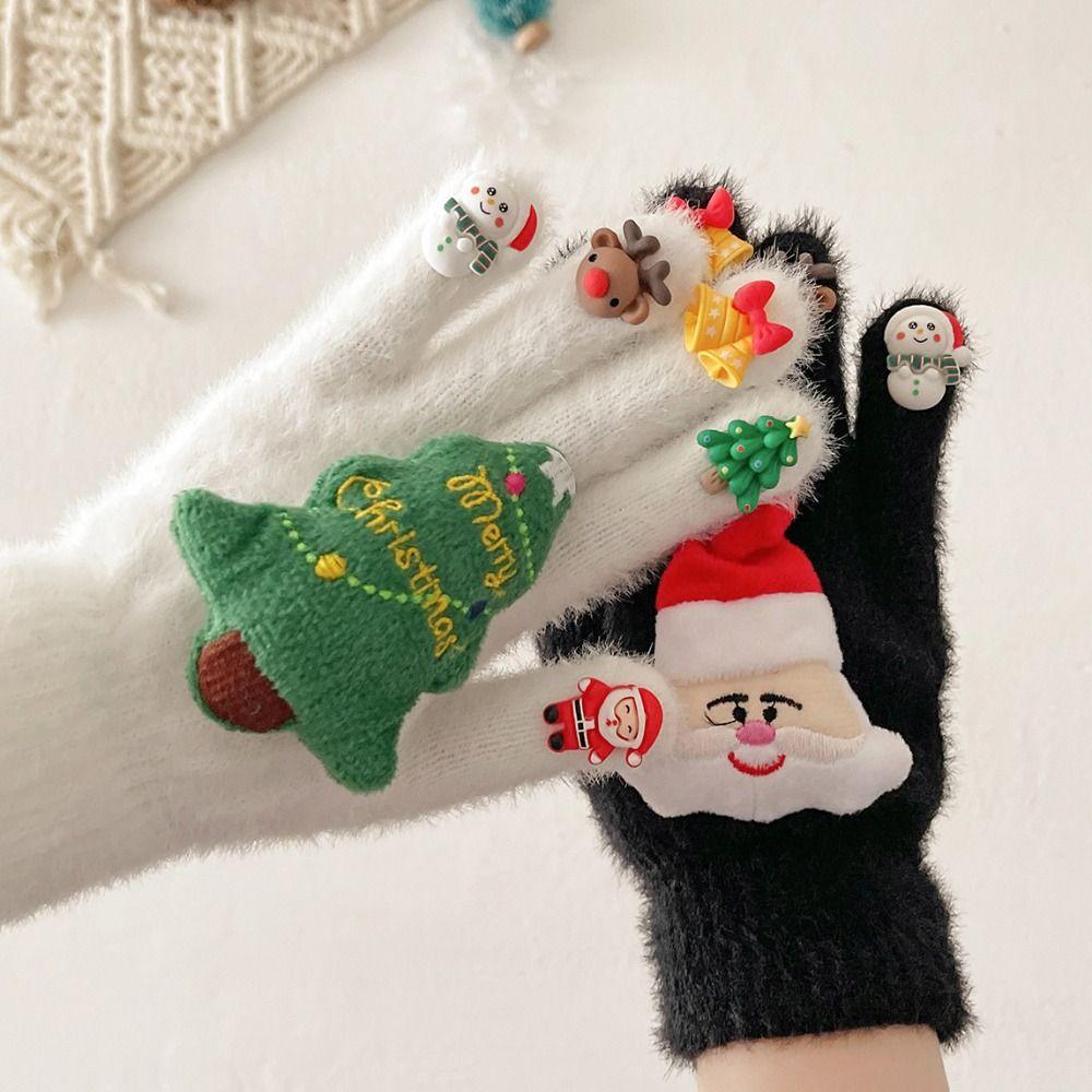 Knitted Xmas Winter Gloves Cartoon Five Finger Gloves Handwear Plush Gloves  New Year