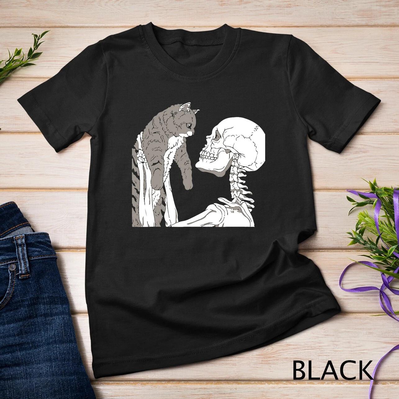 Skeleton Holding A Cat Shirt Lazy Halloween Costume Skull T-Shirt Unisex T-shirt 1 4XL