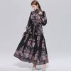 Summer Autumn Holiday Flower Maxi Dresses Women's Stand Collar  Lantern Sleeve Single-breasted Sashes Floral Print Loose Long Dress