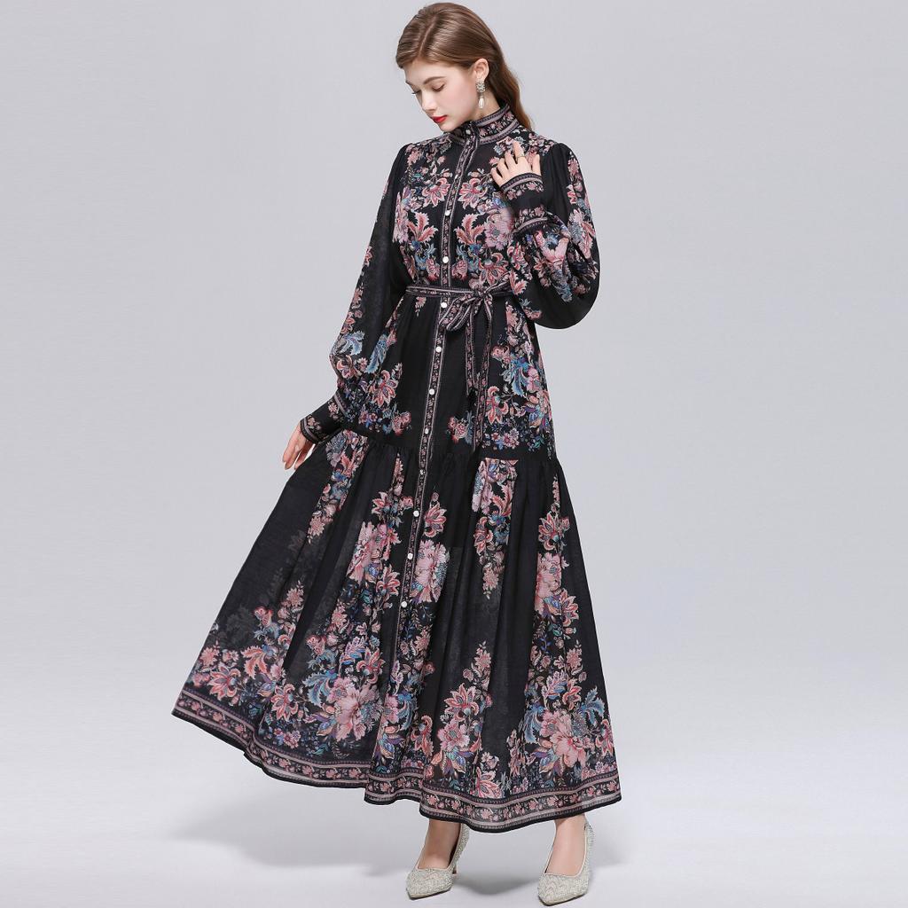 Summer Autumn Holiday Flower Maxi Dresses Women's Stand Collar Lantern Sleeve Single-breasted Sashes Floral Print Loose Long Dress