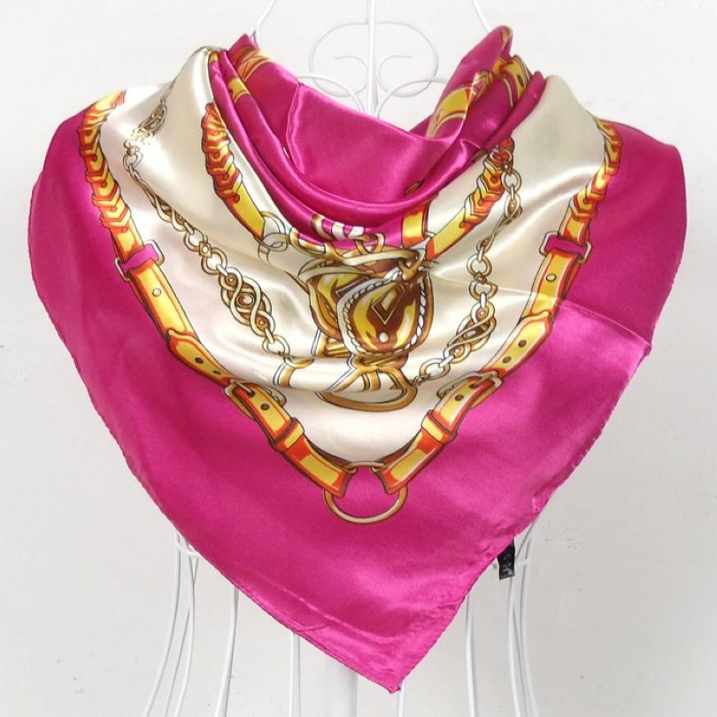 New Style Female Satin Red Big Square Silk Scarf Printed, Women Coffee Silk Scarf Hijab Wraps For Summer,Autumn 90*90cm