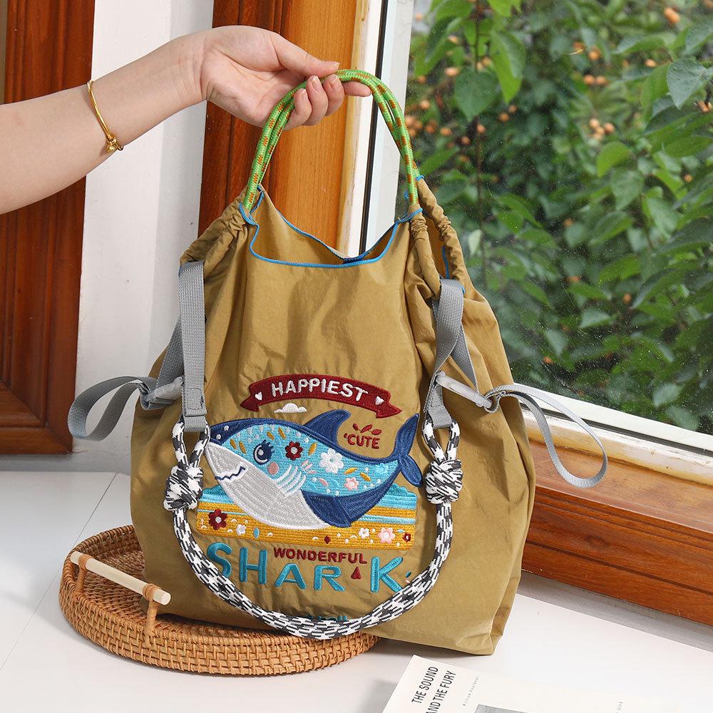 Japanese Style Handmade Waterproof Nylon Canvas Bag with Embroidered Patterns, Large Capacity
