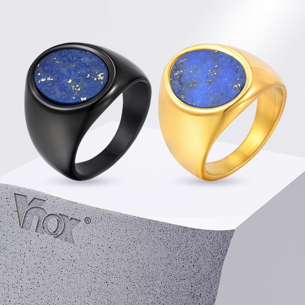 Vnox Stainless Steel Lapis Lazuli Oval Ring for Men, Size 7-12 Waterproof Natural Stone Black Gold Sliver Color Thumb Ring Gifts