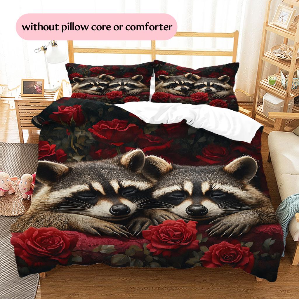 Raccoon and Fresh Flowers Pattern Bedding Home Decoration Birthday Gift (1 * Duvet Cover + 2 * Pillowcase, Without Core)