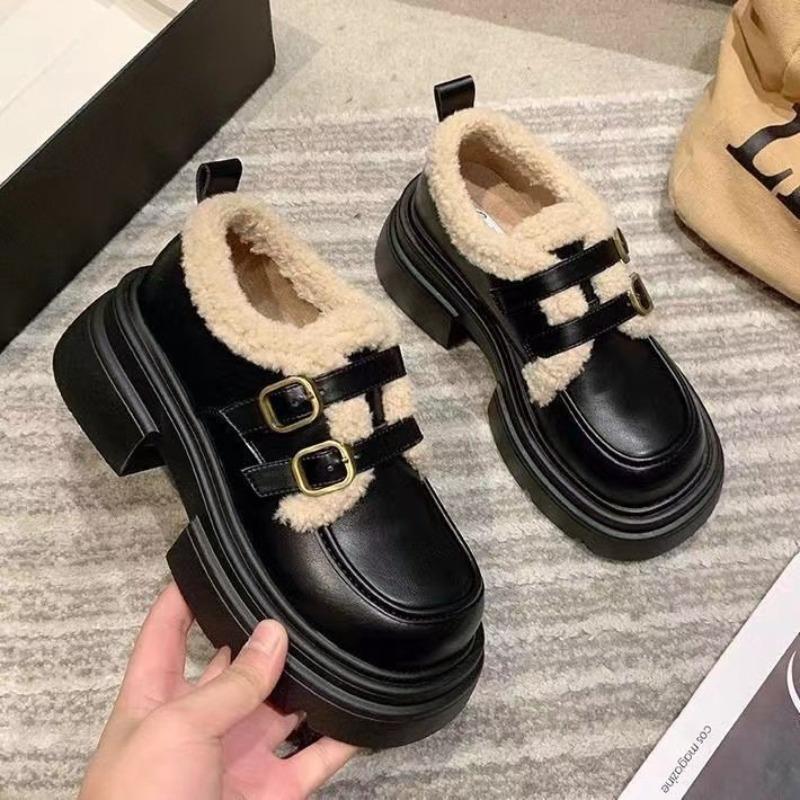 Brown velvet small leather shoes women's winter new retro soft leather versatile women's shoes