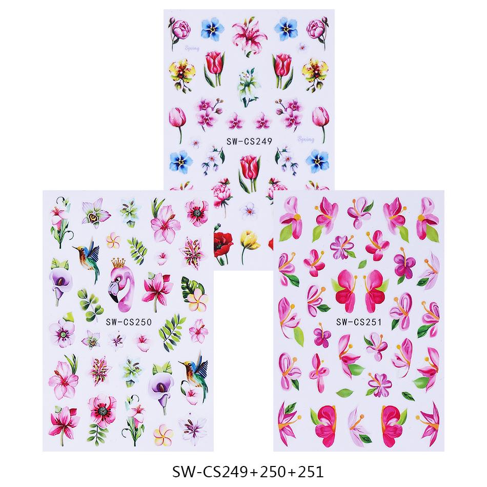 3pcs Pink Flamingo Nail Stickers Flamingo Flowers Leaves Self-Adhesive Nail Decals Slider DIY Manicure Decor Accessories