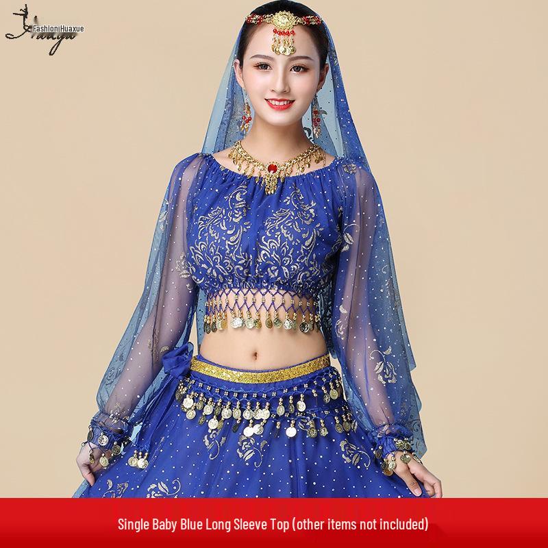 Fantasia de Apresentação de Dança do Ventre Indiana Huayu - Conjunto de Vestido de Manga Comprida de Chiffon para Mulheres