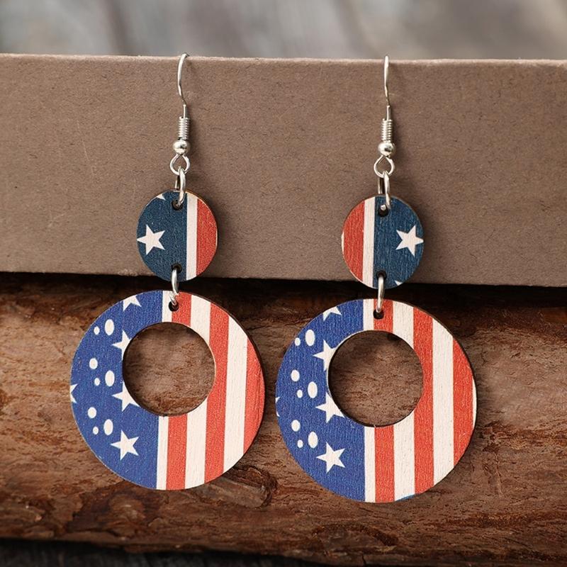 1 Pair Stylish Hoop Earrings Patriotic Statement Earrings Wood Texture Perfect for Patriotic Celebrations and Party