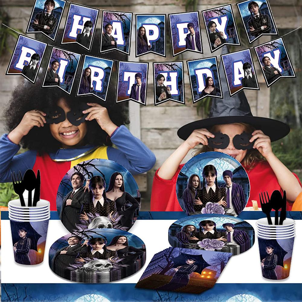82 Pcs Wednesday Addams Party Decor Theme Party Tableware Set for Children