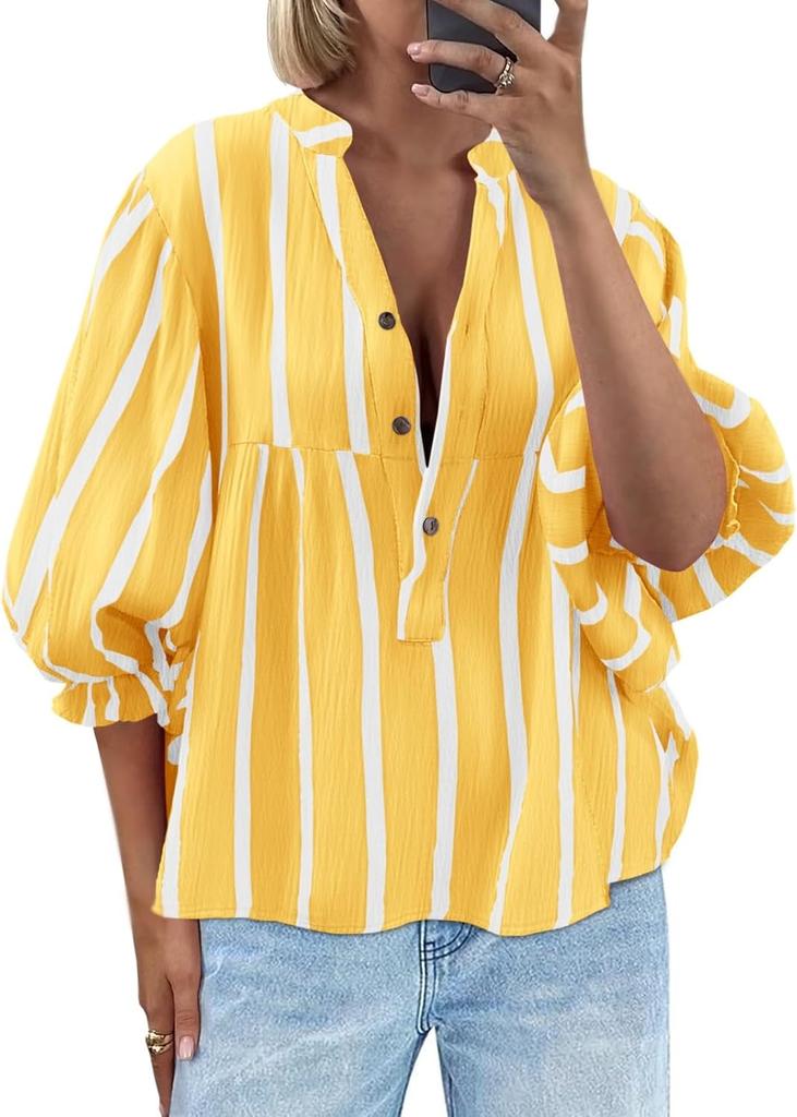Amazon cross-border Europe, America and 2026 summer and autumn new women's clothing striped shirt bubble sleeves loose top popular women