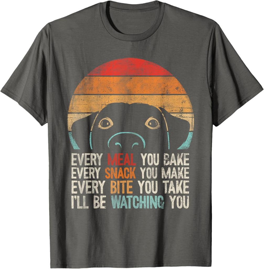 Funny Dog Watching You Eat Retro Sunset Labrador Retriever Graphic T-Shirt Casual Cotton Tee