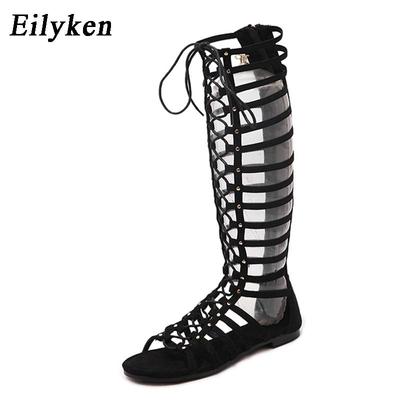 Eilyke hoge kwaliteit leer dames sandalen met bandjes open teen knie zomer gladiator platte sandalen Romeinse bandage casual laarzen