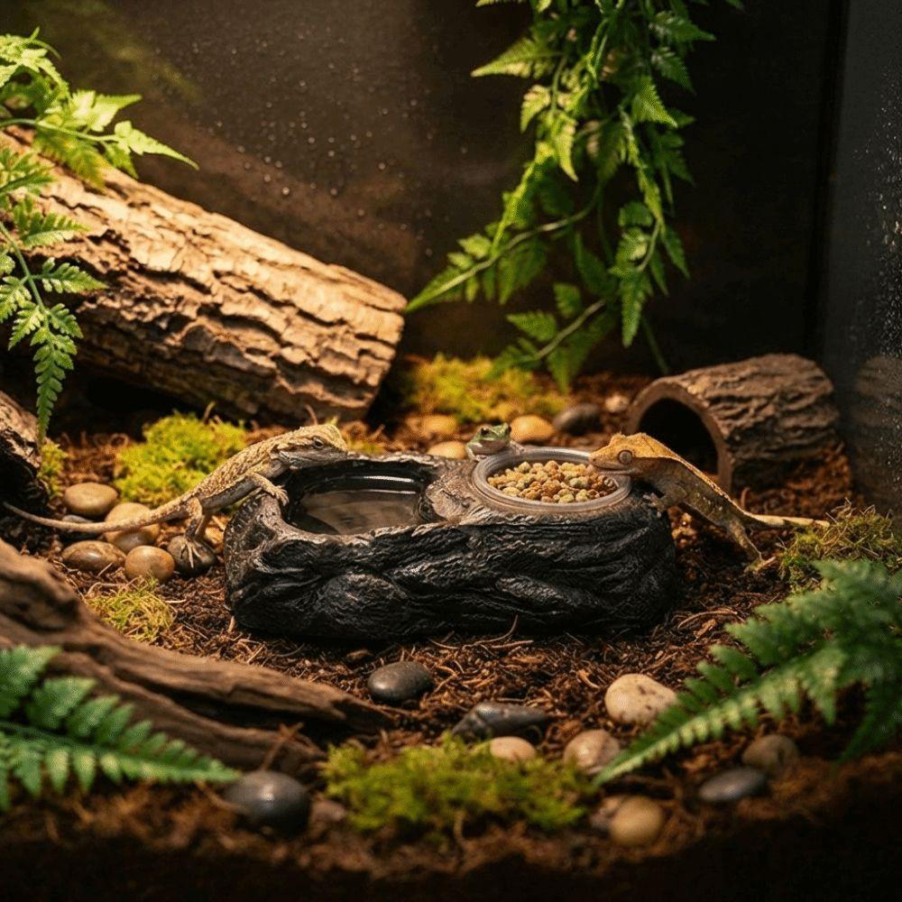 Imitation Stone Resin Rock Feeder Dish Anti-knock with Bowls Reptile Food Bowl Prevents Spills Wide Mouth Amphibians Water Bowl