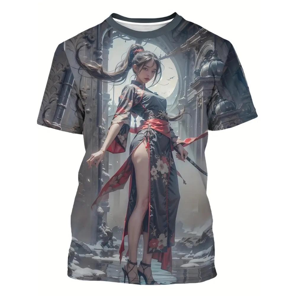 2026 Men's Anime Samurai Girl 3D Printed Fashion T-Shirt for Adults-Street Trend Style Short-Sleeved