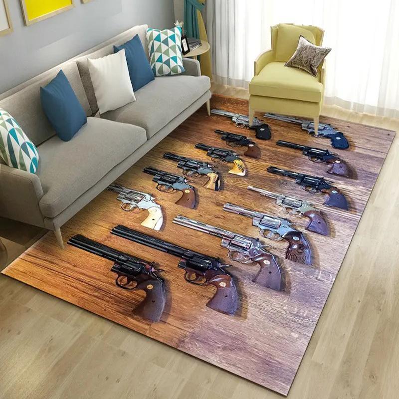 3D Assault Rifle Pistol Revolver Pattern Area Rug, Suitable for Kids' Play Area Anti-Slip Mat, Living Room Sofa Decorative Mat