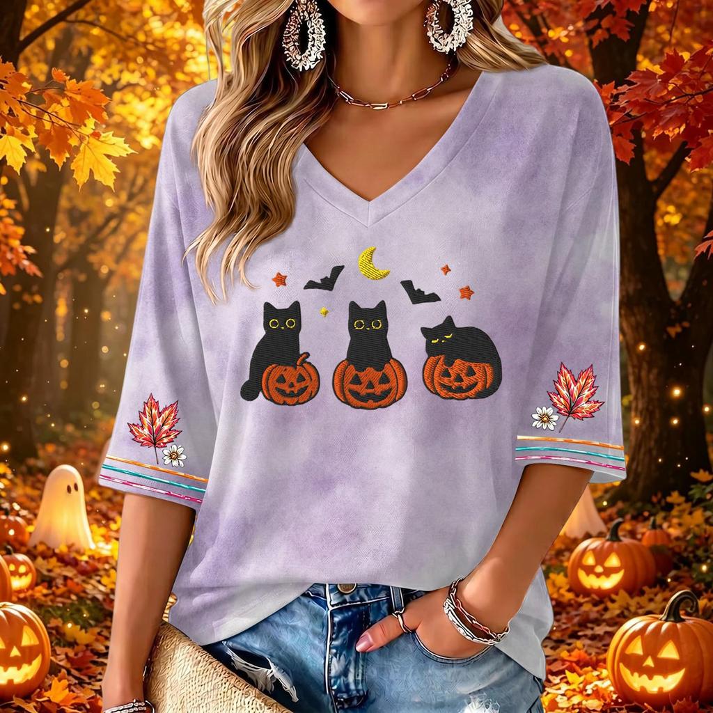 Women's Casual V-Neck Halloween Print Three-Quarter Sleeve Blouse for Halloween Party