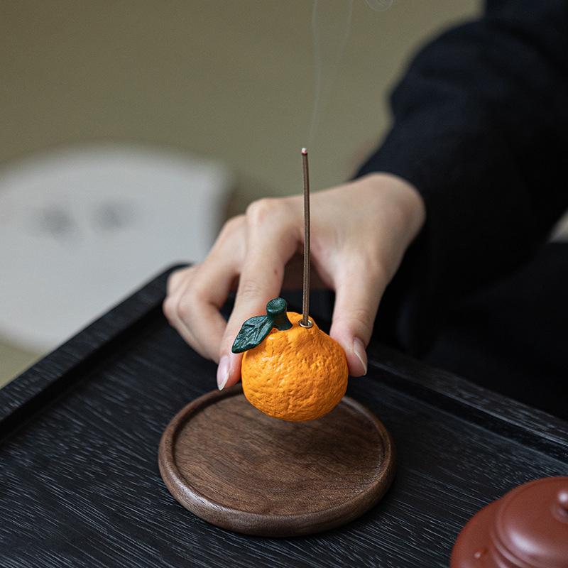 Kreativer Keramik Orangen Räucherstäbchenhalter Kreativer Räucherbrenner Holz Räucherstäbchenplatte Aschefänger Buddhismus Zubehör Heimdeko
