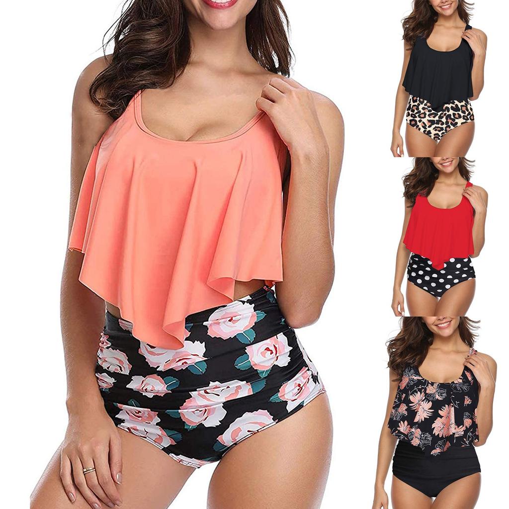 Women's Summer Sexy High Waist Split Print Two-Piece  Bikini Swimsuit