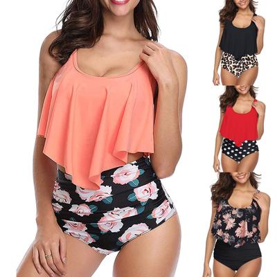 Kadın Yazlık Seksi Yüksek Bel Yırtmaçlı Baskılı İki Parçalı Bikini Mayo