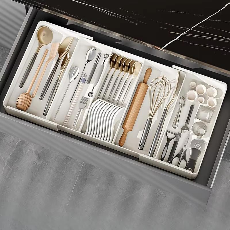 1pc Kitchen Drawer Retractable Storage Box Large-capacity Partitioning Storage Tray Home Tableware Knife Spoon Organizing Box