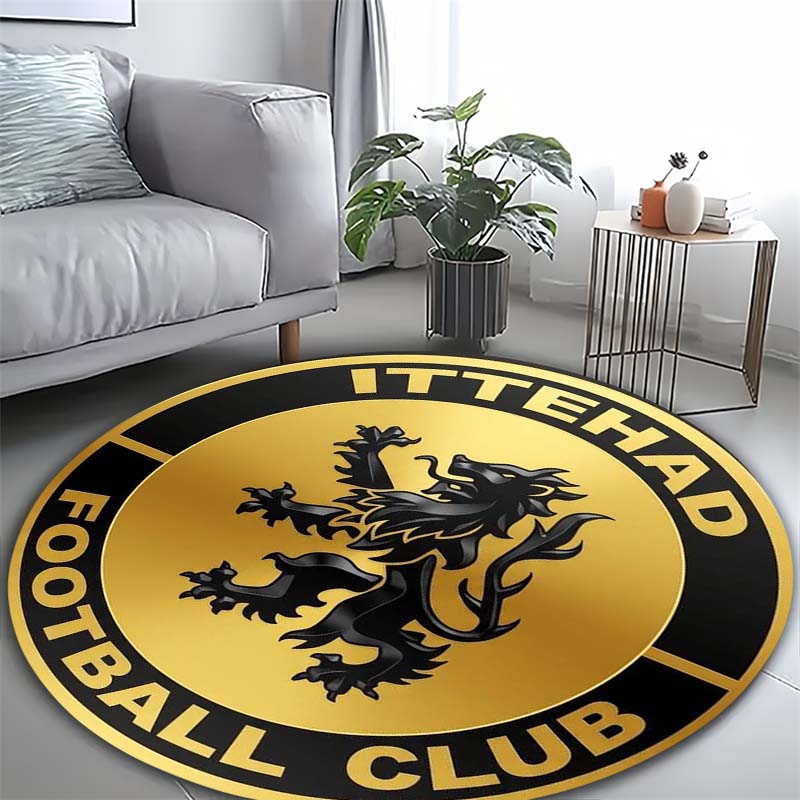 Ittehad FC Golden Background Black Lion Crest Circular Area Rug Football Club Round Floor Carpet Sports Fan Living Room Bedroom Home Decor Mat