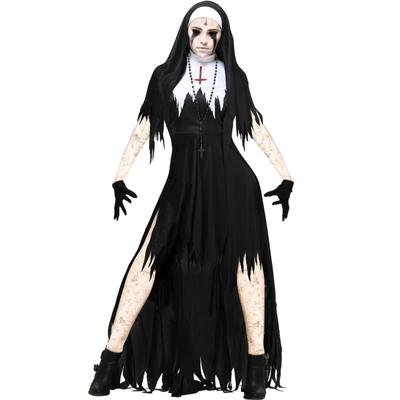 Halloween Vampir Dämon Kostüm mit Hut Handschuhen Halskette Kreuzdruck Maxikleid Partykostüm Frauen Nonnenkostüm Cosplay Kostüm