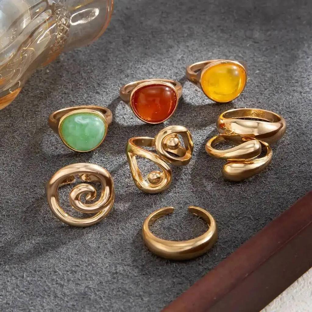 SHIXIN Vintage 8Pcs/set Colorful Acrylic Resin Finger Ring Women HipHop Punk Gold Color Geometric Stackable Knuckle Ring Jewelry