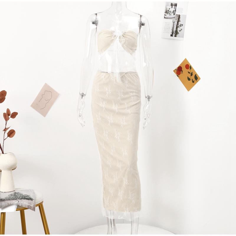 Sexy Liebsten Spitze Druck Röcke Sets Frauen Durchsichtig Crop Top Langen Rock Passenden Set Weibliche Nacht Club Party Zwei stück Anzug