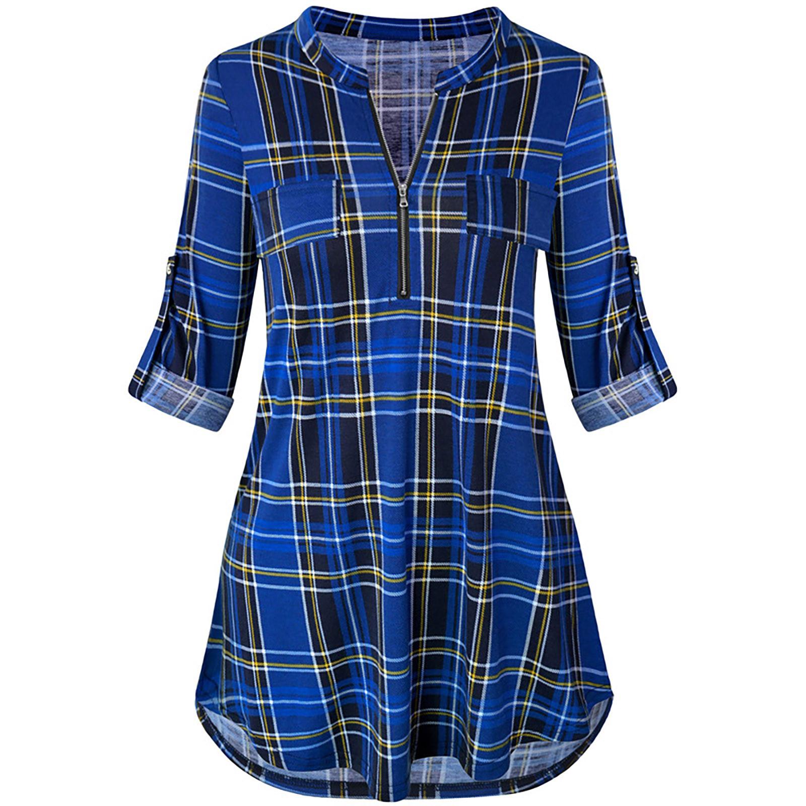 

Ladies Fashion Casual All- V-neck Pullover Check Zipper Long Sleeve Top XXXL синий