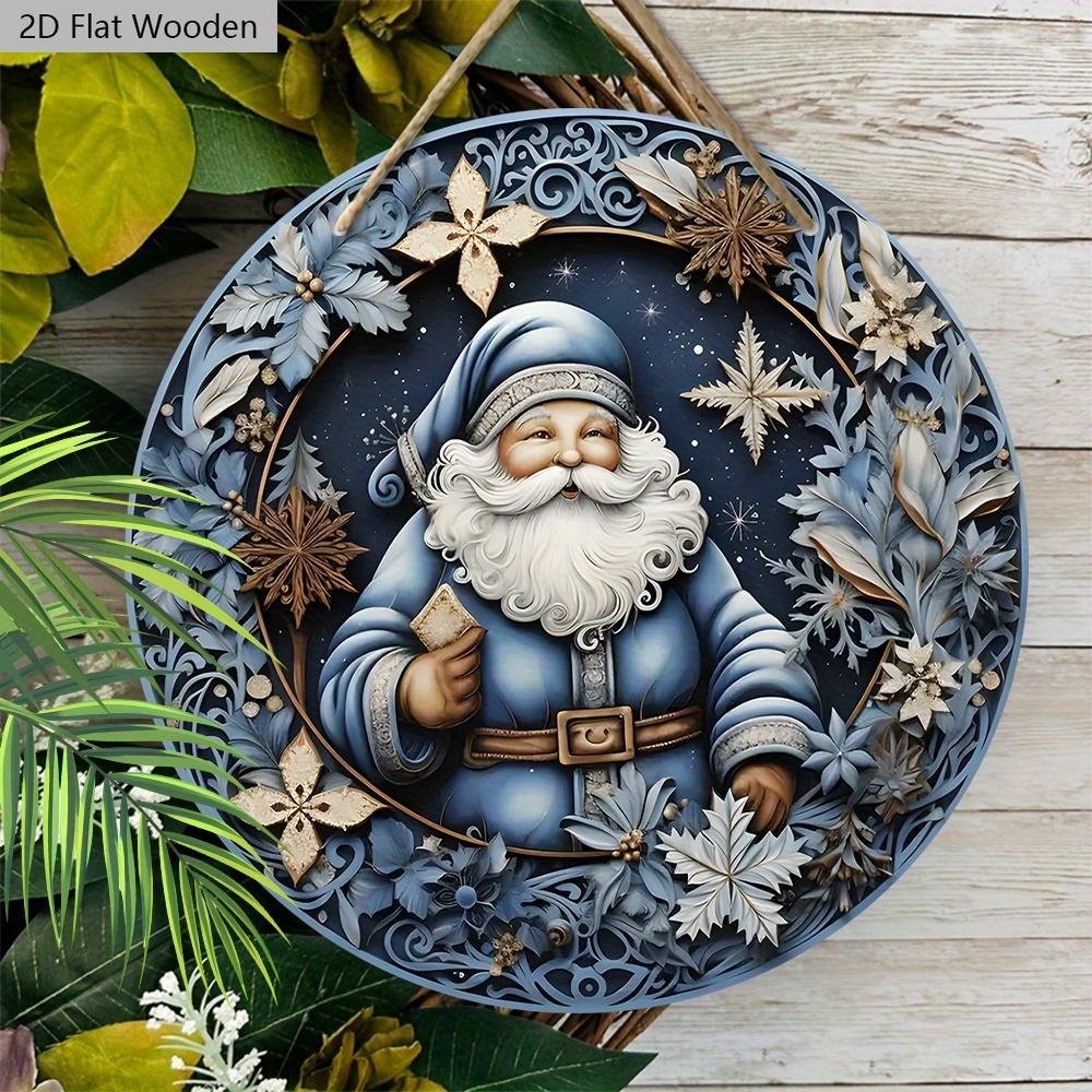 Wooden Christmas Sign with Blue Santa Claus Pattern - Navidad Round Sign for Yard Door Wall Hanging Decor - Ideal Christmas Decoration