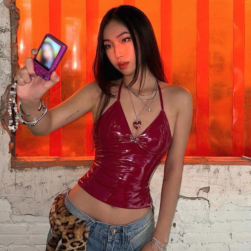 Christmas Solid Metal Button Women’s Halter Tops Sleeveless Pu Leather Punk Baddie Slim Women Blouses Streetwear Clothing