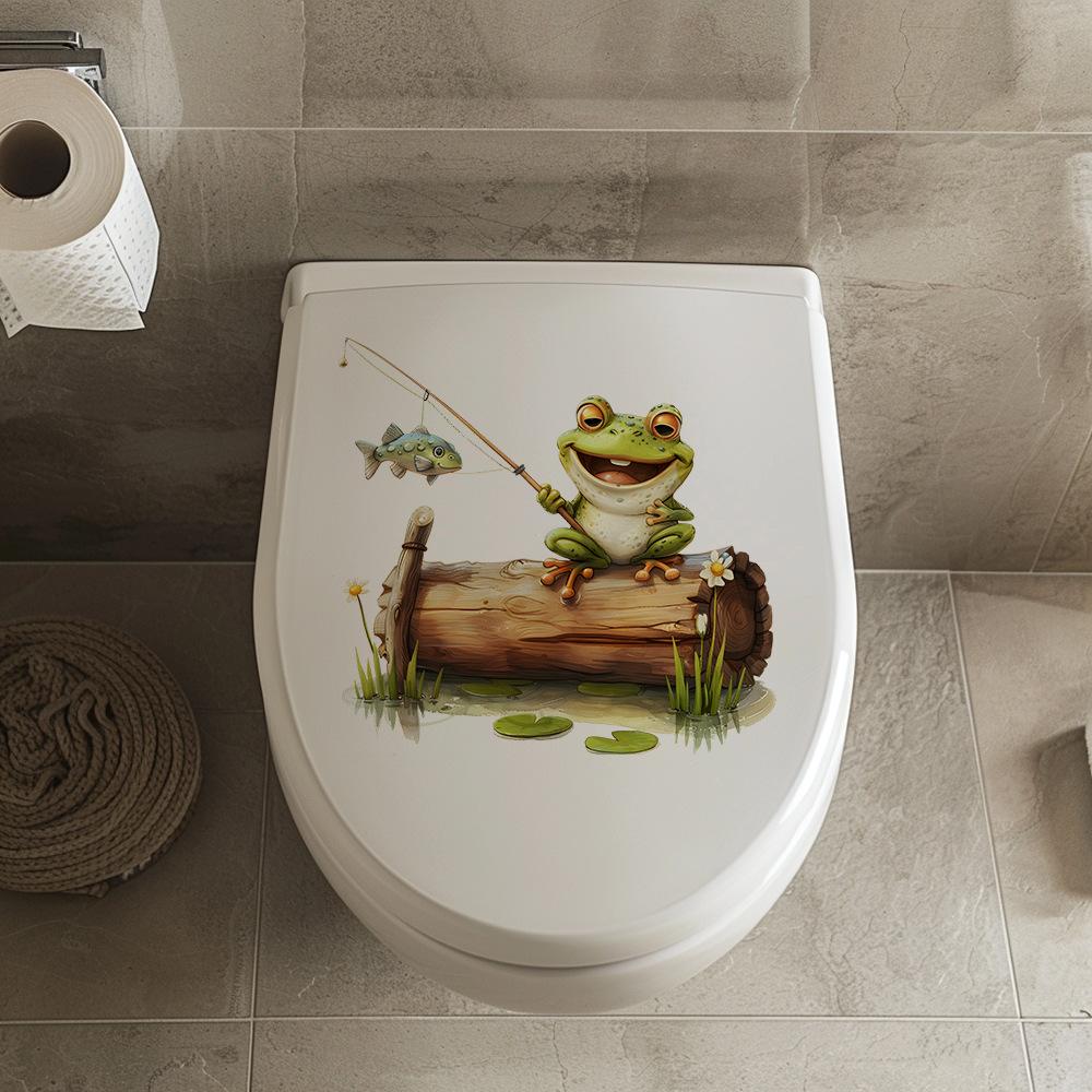 Cartoon Fishing Frog Toilet Sticker Fresh Cute Bathroom Self Adhesive Removable Decor