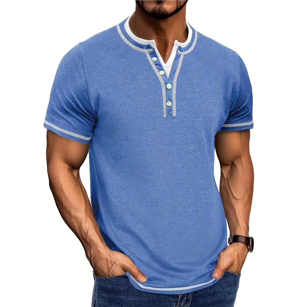 Men's Stylish Short-Sleeved Henley T-Shirt - Breathable, Casual, and Comfortable V-Neck Button Tops for Summer