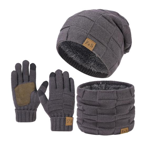 3 Pcs/Set Hat Scarf Glove Set Thick Knitted Warm Cap Great Friction Gloves Elastic Ear Protection Windproof Cycling Skiing Dome Cap Neck Wrap Set