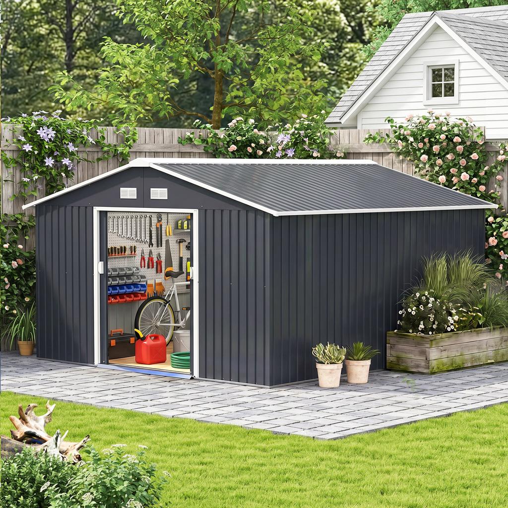 Capanno da Giardino, 12,4 m², 340 x 386 x 200 cm, 2 Porte Scorrevoli, Grigio Scuro