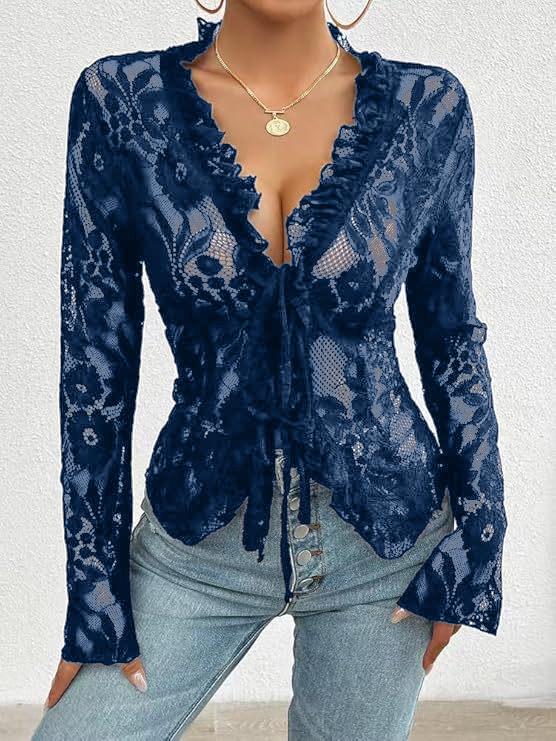 

Womens Sexy Open Front Tie Long Sleeve Ruffle Trim Sheer Lace Crop Tops Blouse L синій