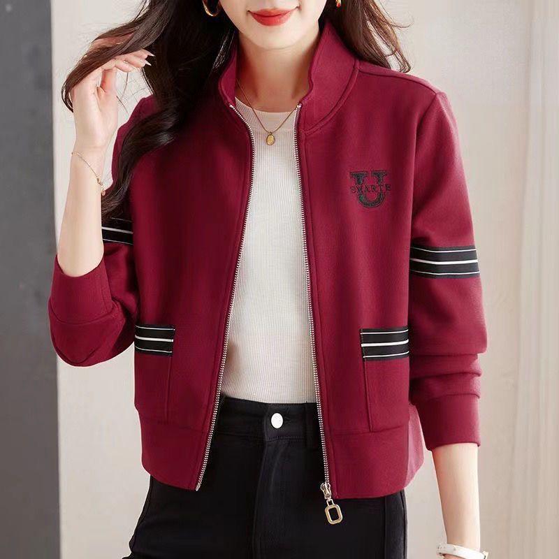

Fashion Spring Autumn Women Stand Collar Pocket Zipper Contrast Color Embroidery Casual Long Sleeve Cardigan Sweatshirts Tops M бордовий