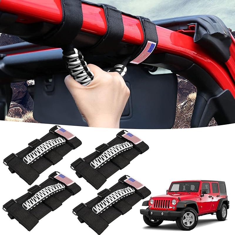 GAIZON 4 Pack Grab Handles Paracord Roll Bar For Jeep Wrangler Accessories CJ YJ TJ JL JK LJ JLU JKU Sahara Freedom Rubicon,Gladiator JT 1955-