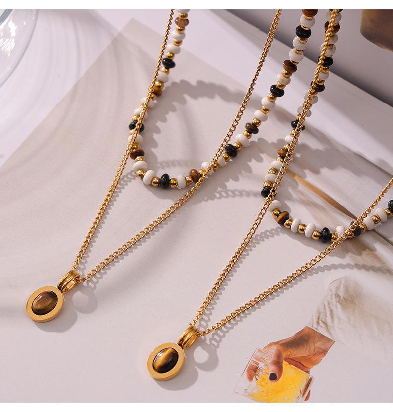 Double-Layered Tiger's Eye Beaded Necklace with Titanium Steel Clavicle Chain