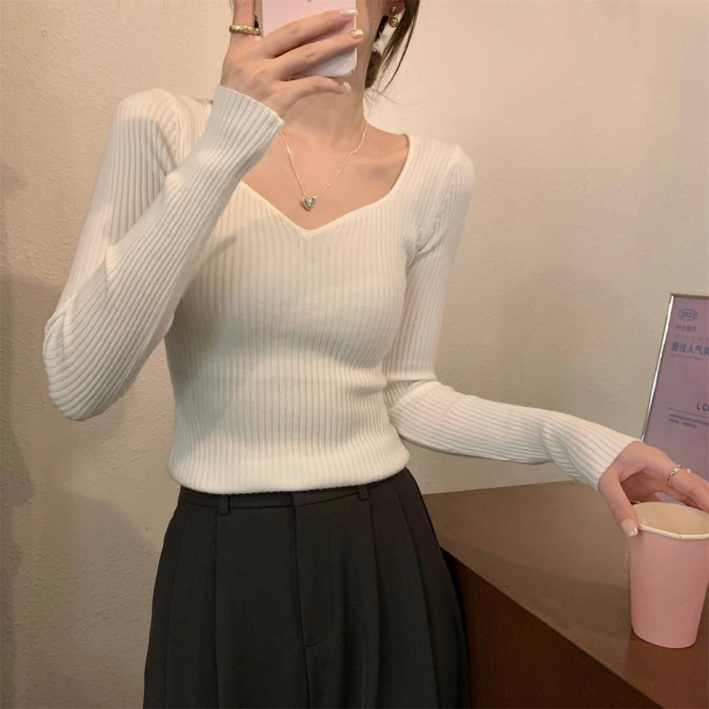 Core-spun Yarn V-neck Peach-neck Sweater Women's Spring, Autumn and Winter Solid Color Shirt Slim-fitting Long-sleeved Inner Chic