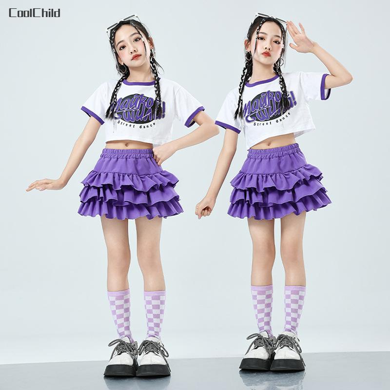 Girls Cute Summer Streetwear Children Hip Hop Crop Top Purple Tiered Skirts Clothes Sets Kids Teens Street Dance Jazz Costumes