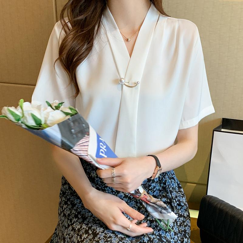 

Весенняя модная шифоновая женская рубашка FiveFive, блузка с коротким рукавом, женская свободная одежда, свободные женские топы с бантом XS белый