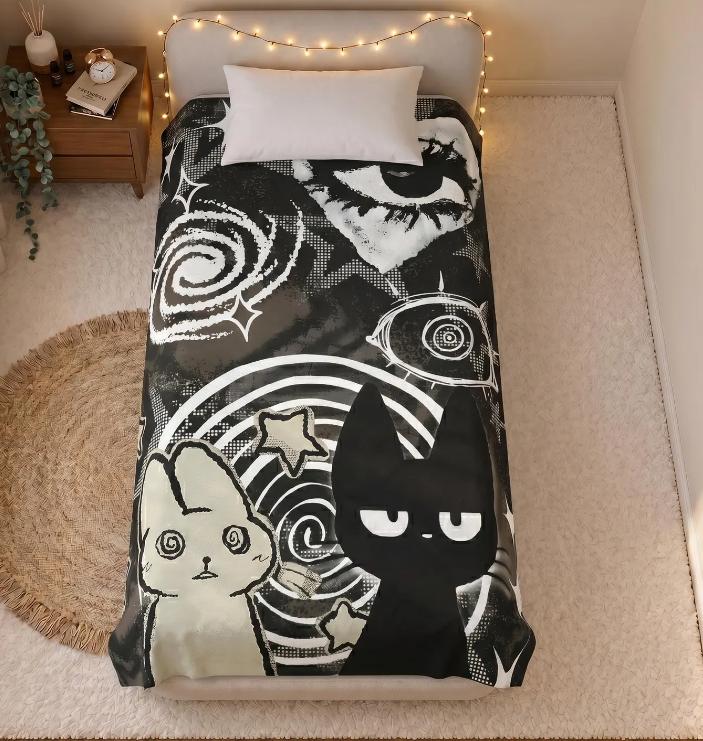 Black Cat Moon Blanket, Gothic Floral Throw Blanket Dark Academia Decor Witchy Cat Gift Celestial Moth Blanket, Cozy Plush Throw