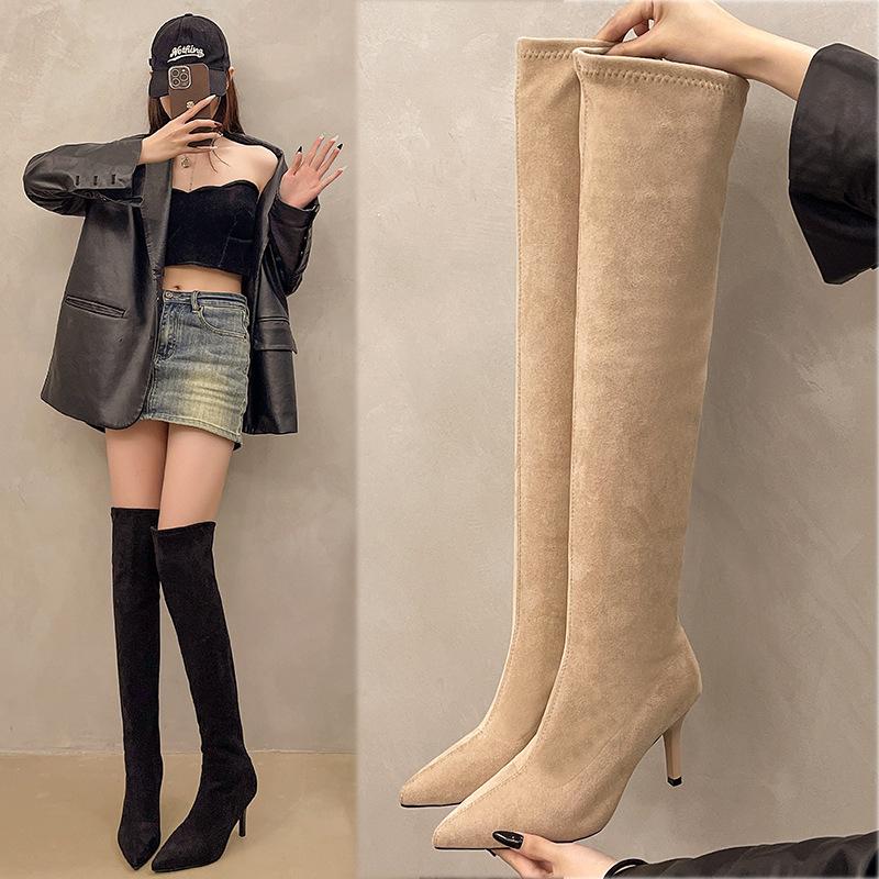 Over-knee boots women's 2025 autumn and winter new thin boots thick heel suede high elastic boots pointed high heel boots