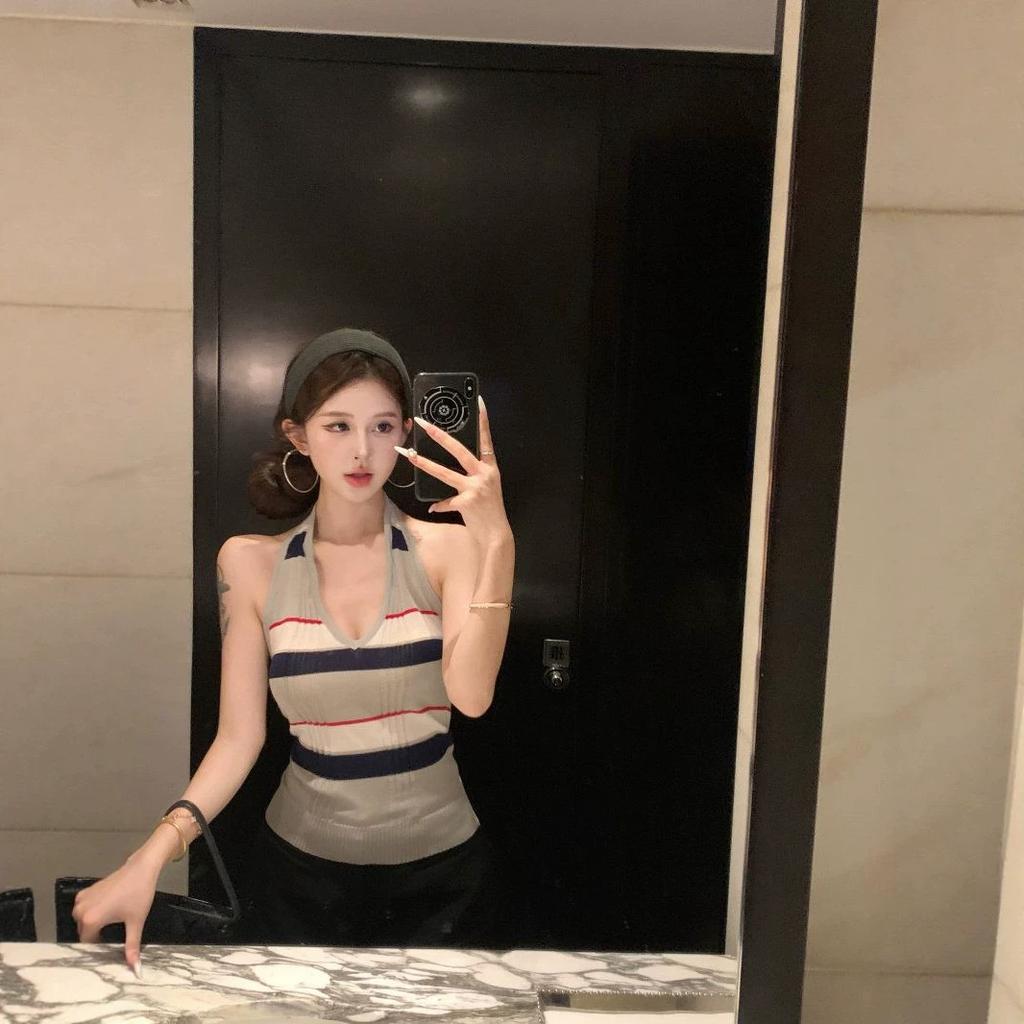 Contrasting stripes knitted neck sling vest women's summer backless v-neck inside and outside pure desire wind sleeveless top